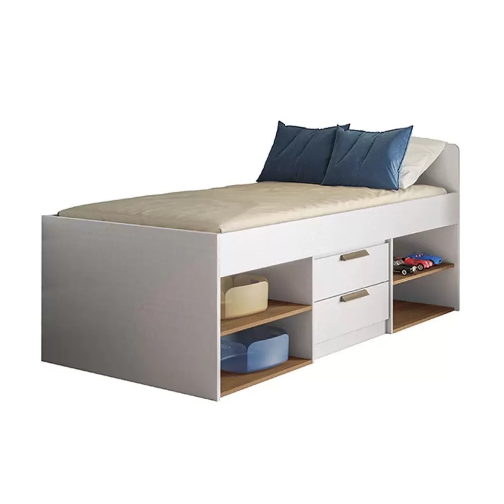 imagem de Cama Solteiro New Conect com Gavetas com Corredicas telescopica Santos Andira 83,70x92,20x194,60cm - Branco/Jatobá - de725j355j